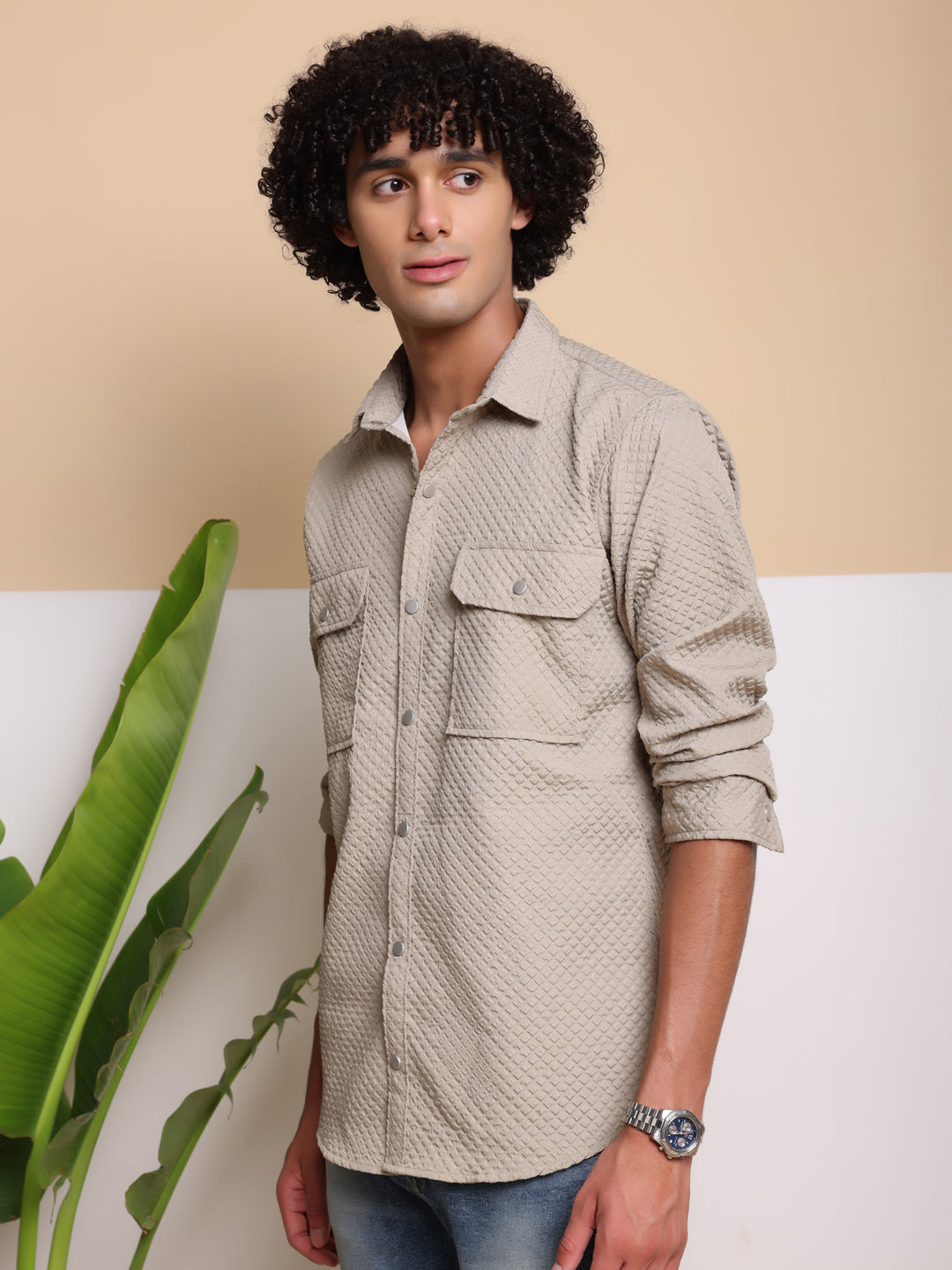 Man's Casual Imported Fabric Double Pocket Crush Shirts - Beige