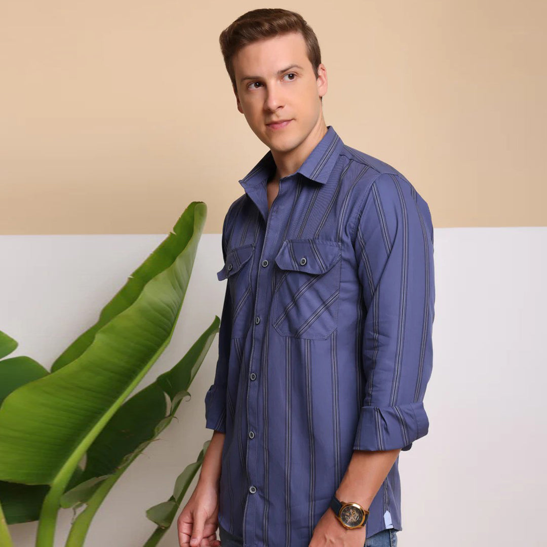 Check Regular Fit Cotton Shirt - Blue Strip