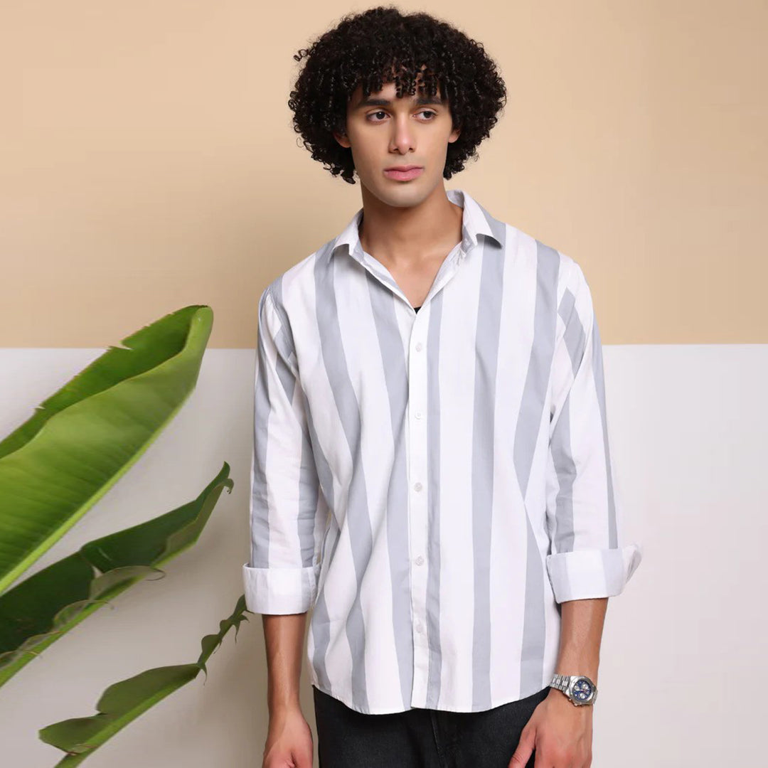 STRIPE CASUAL COTTON SHIRT (GREY WHITE)