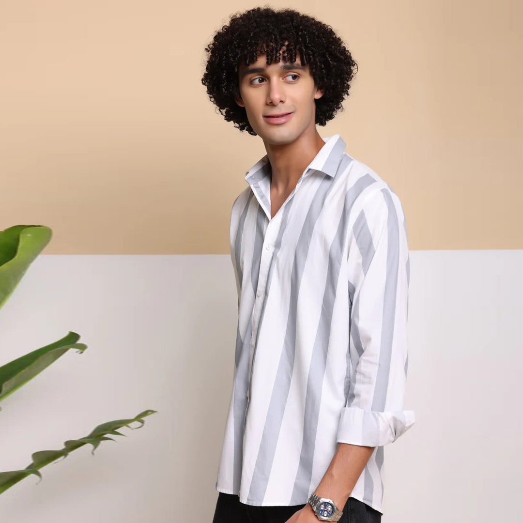 STRIPE CASUAL COTTON SHIRT (GREY WHITE)