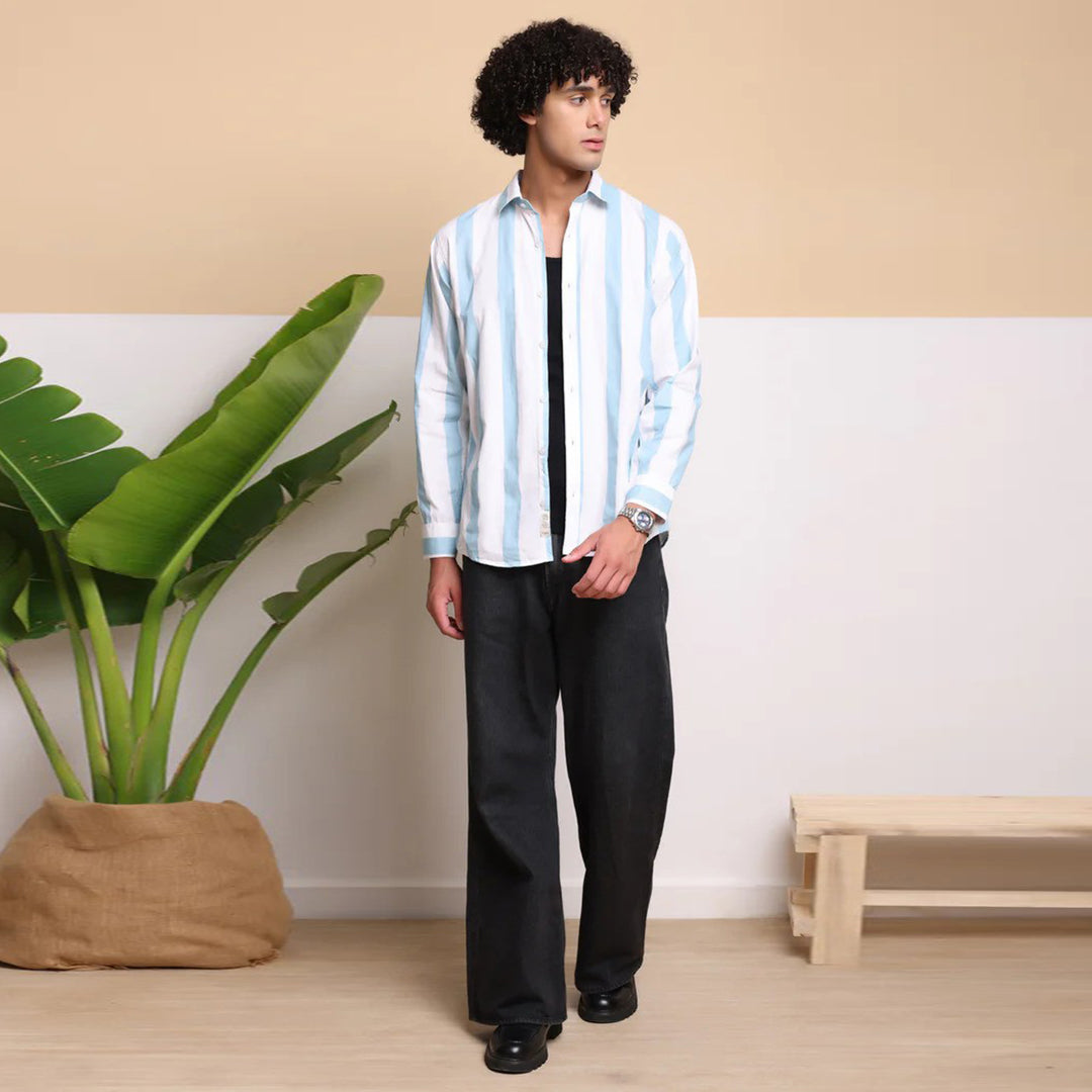 STRIPE CASUAL COTTON SHIRT (PWD SKY)