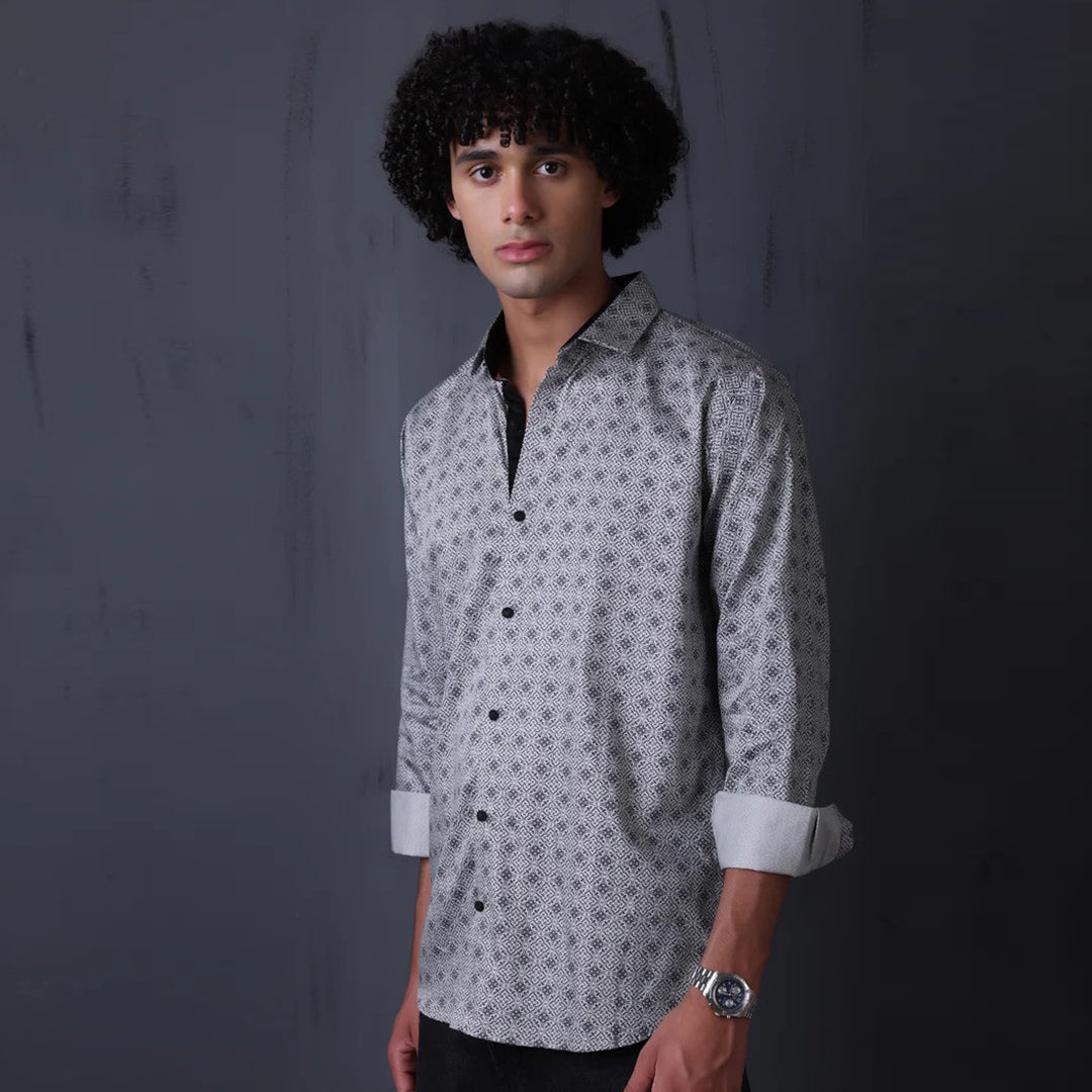 Geometrical Print Casual Shirt Grey Color