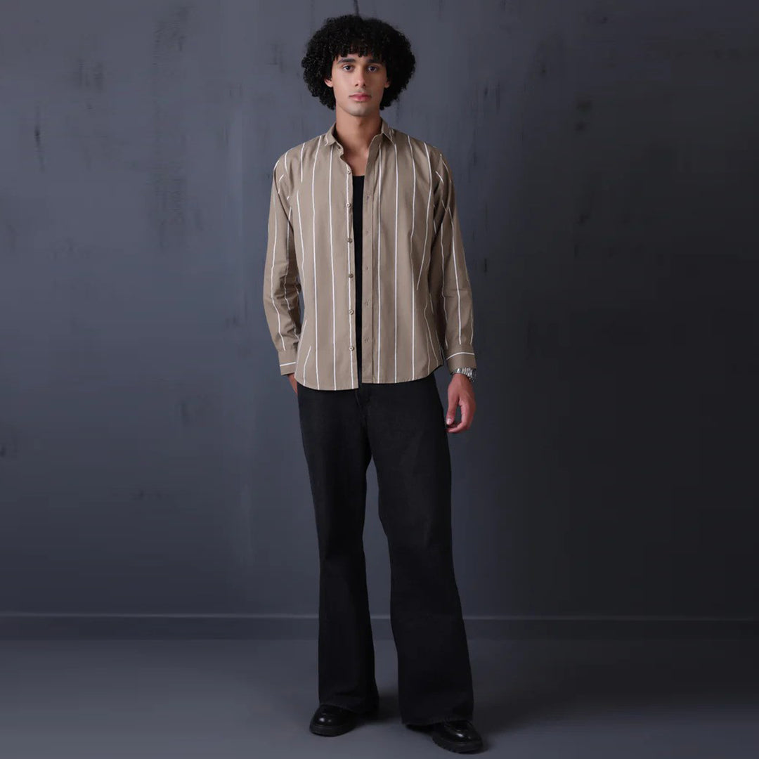 STRIPE CASUAL COTTON SHIRT (KHAKI)