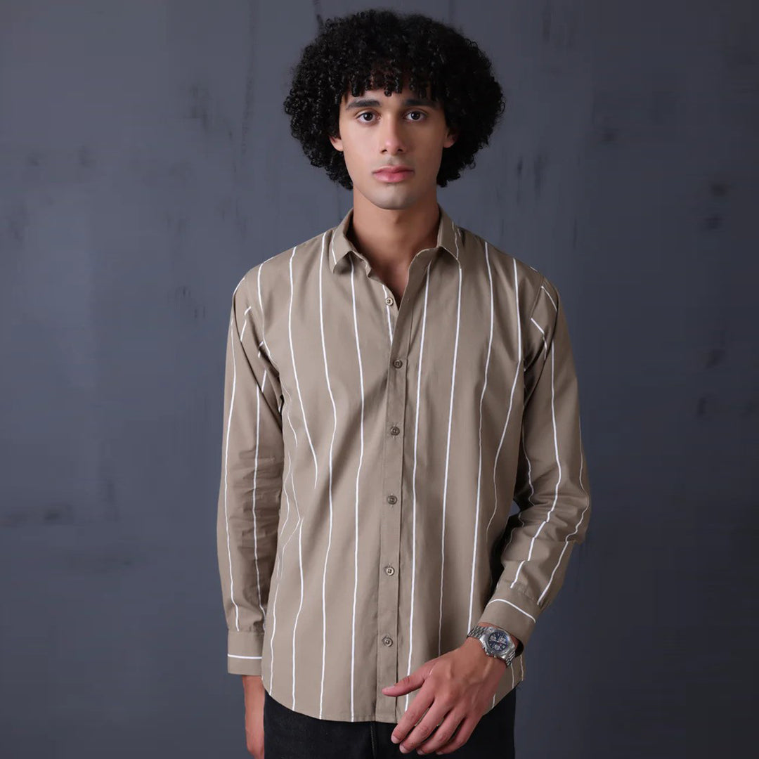 STRIPE CASUAL COTTON SHIRT (KHAKI)