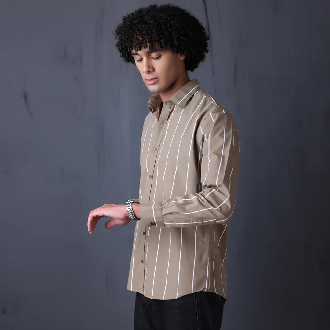 STRIPE CASUAL COTTON SHIRT (KHAKI)