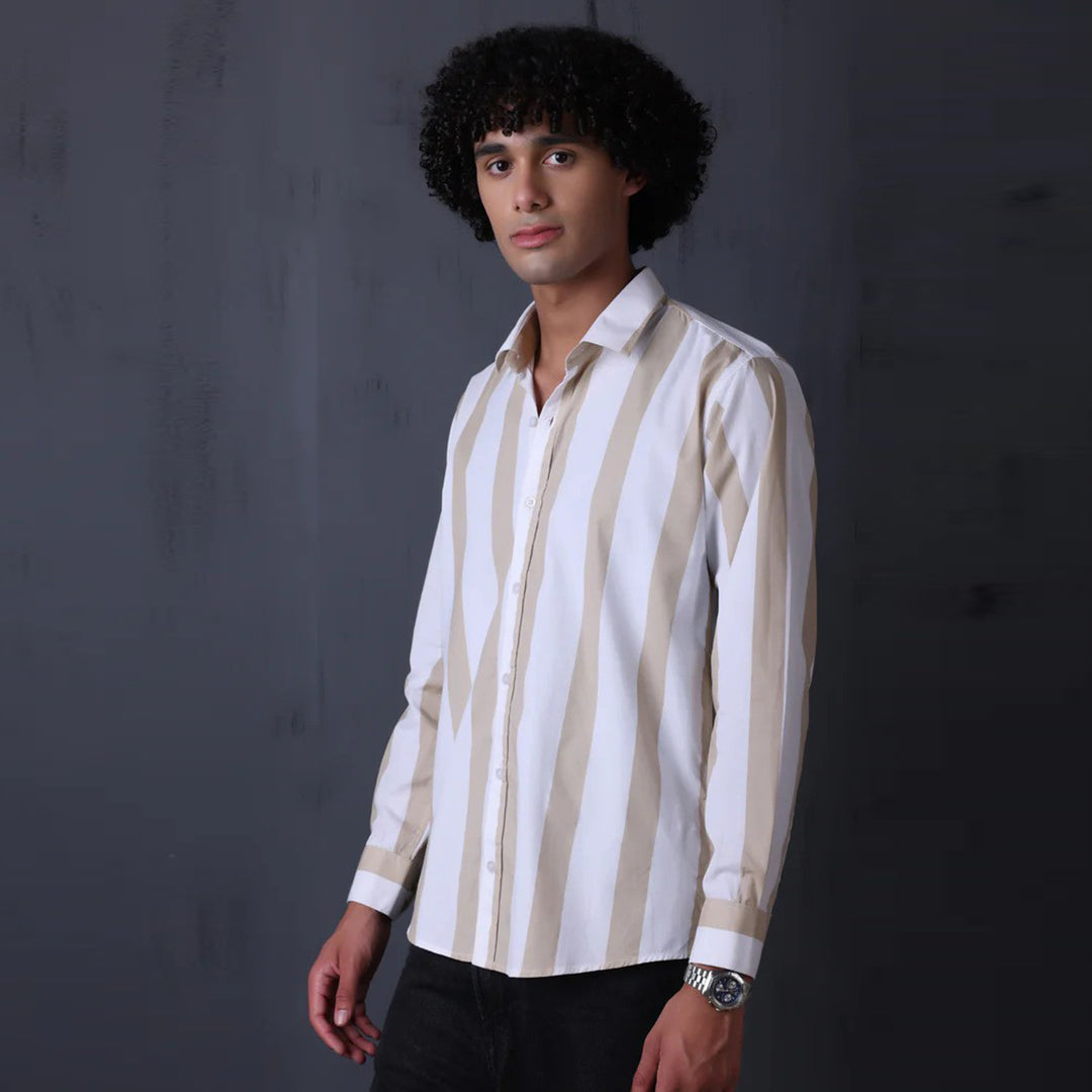 STRIPE CASUAL COTTON SHIRT (WHITE KHAKI)