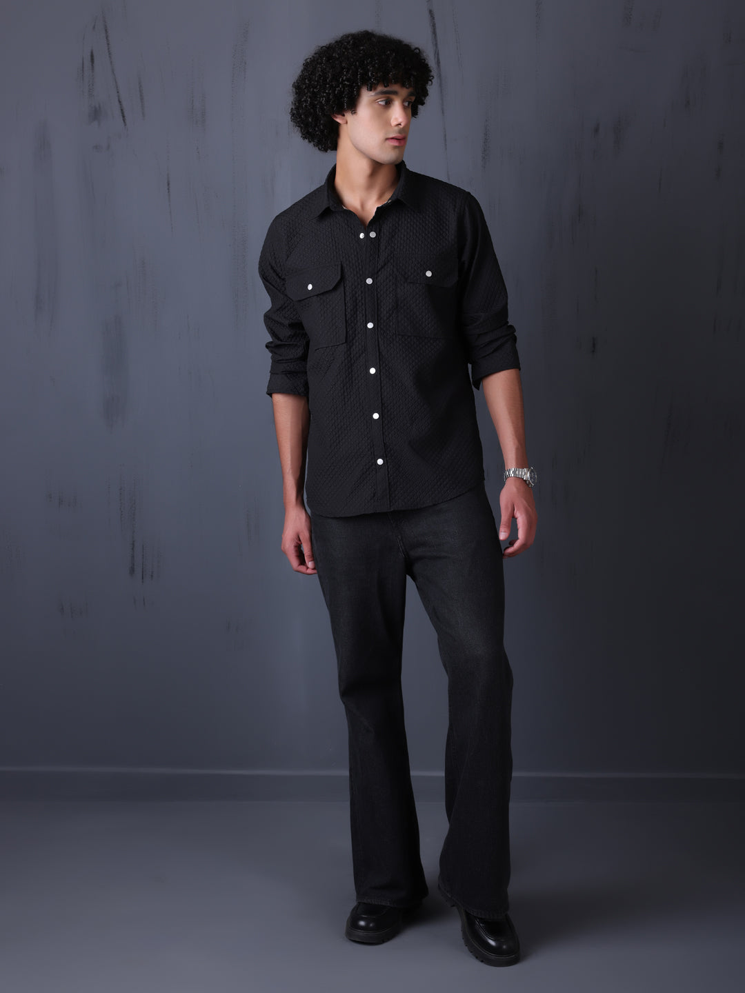 Man's Casual Imported Fabric Double Pocket Crush Shirts - Black