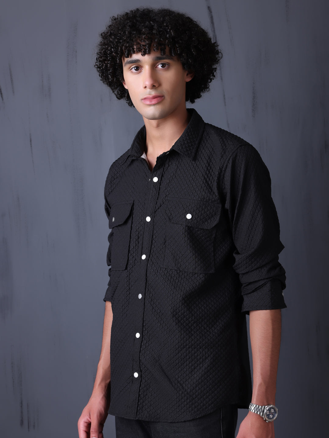 Man's Casual Imported Fabric Double Pocket Crush Shirts - Black