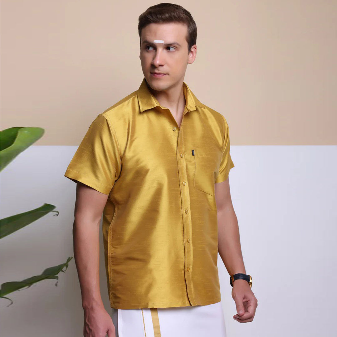 Men's Ethnic Wear Silk Shirt (Yellow)