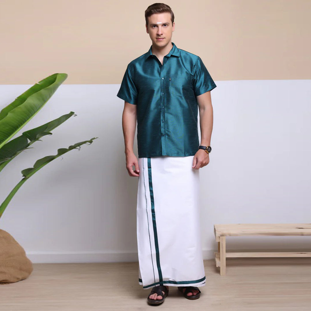 Men's Ethnic Wear Silk Shirt (Cyan)