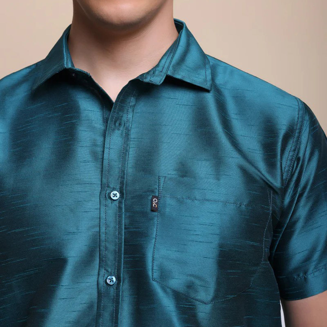 Men's Ethnic Wear Silk Shirt (Cyan)