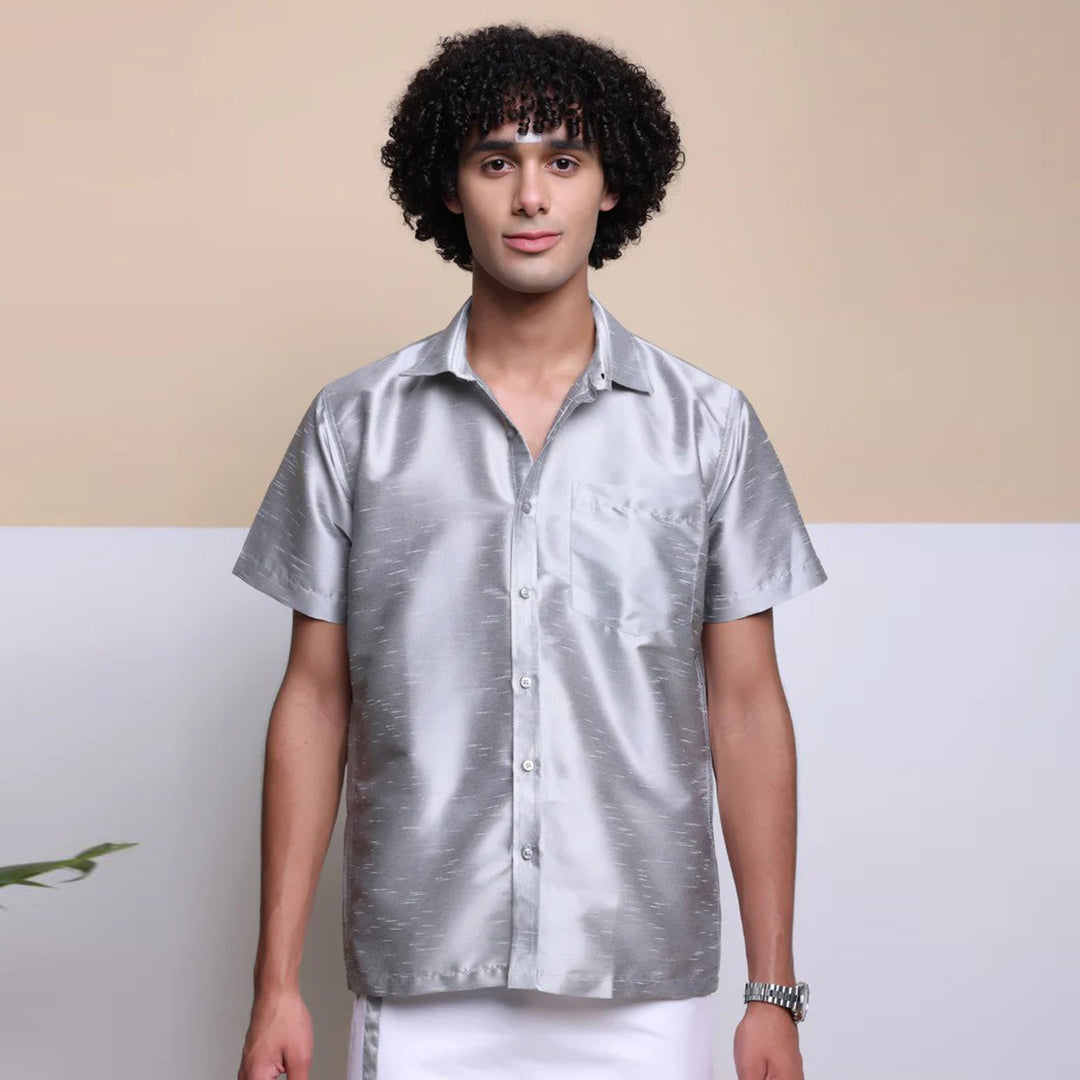 Men's Ethnic Wear Silk Shirt (Silver)