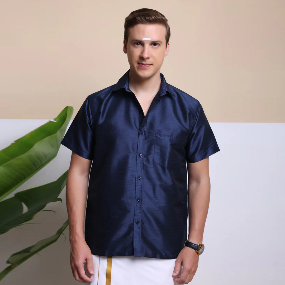 Men's Ethnic Wear Silk Shirt (Navy Blue)