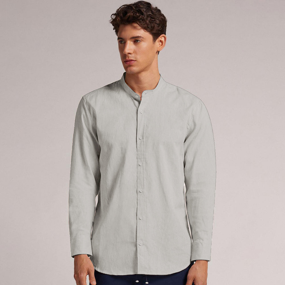 MEN’S CHINESE COLLAR SHIRT | FULL SLEEVE COTTON LINEN T-NECK SHIRT | LIGHT GREY COLOR