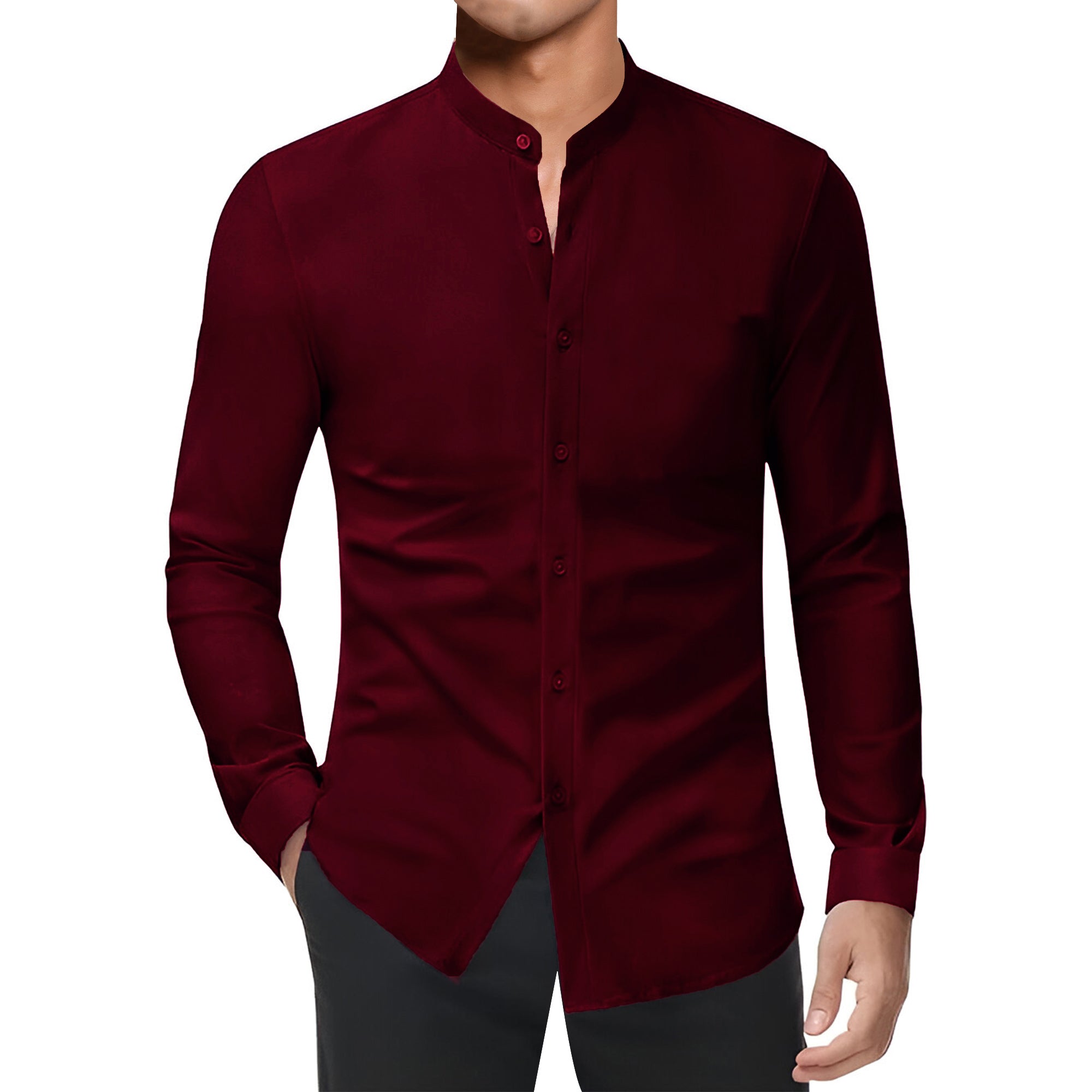 Men's Full-Sleeve Mandarin Collar Solid Regular Fit Casual Shirt-Maroon