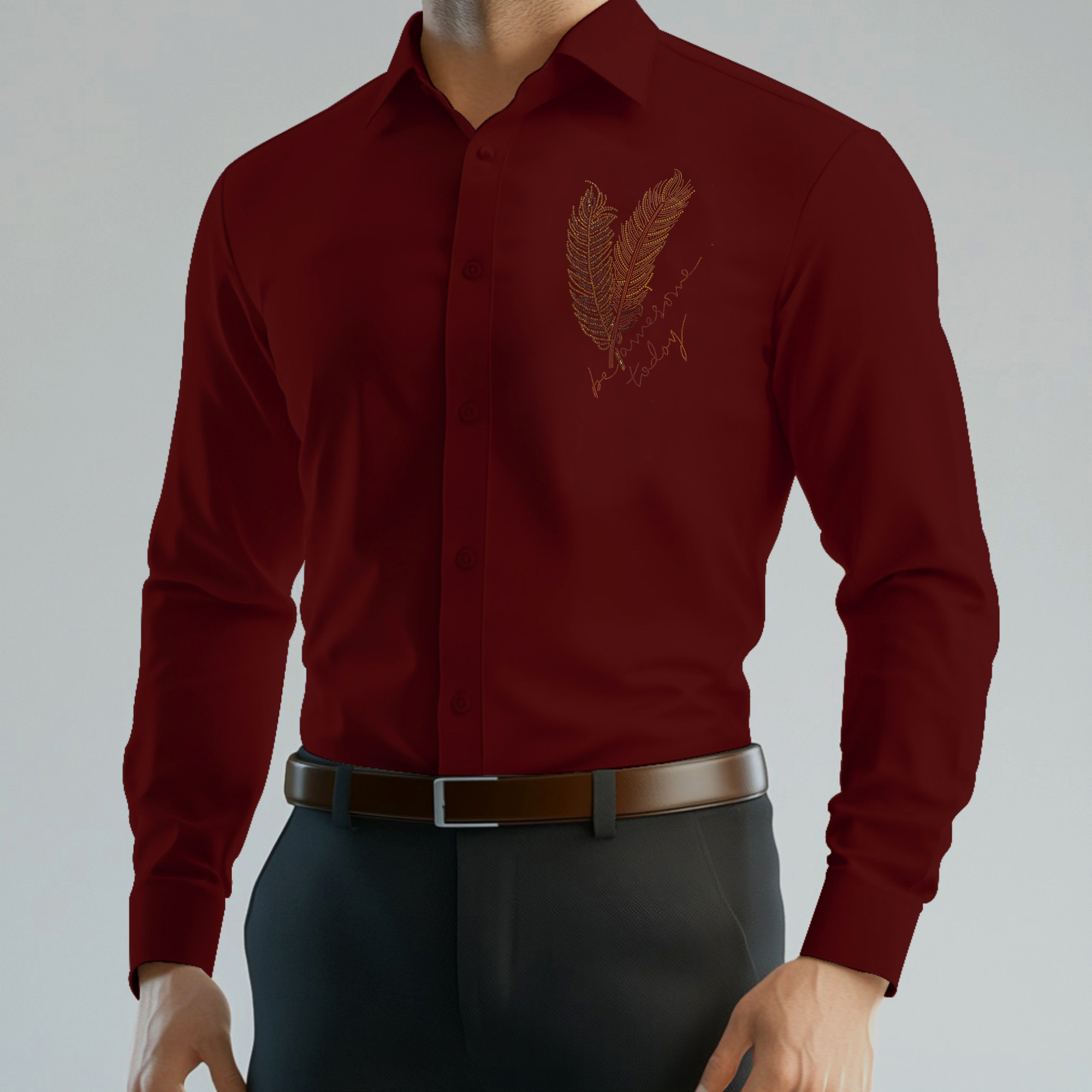 PARTY SHIRTS FOR MEN | PREMIUM SHIRTS | CLUB SHIRTS Feather Embroidery-Maroon
