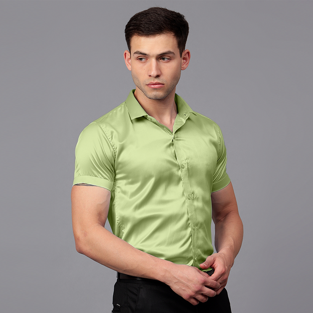 Men’s Satin Half Sleeve Formal Shirt – Premium Soft & Shiny Finish-Pista Green