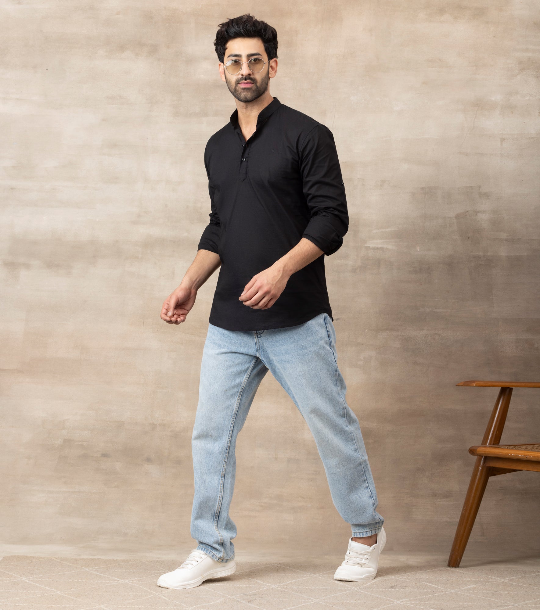 Cotton Mandarin Collar Short Kurta- Black