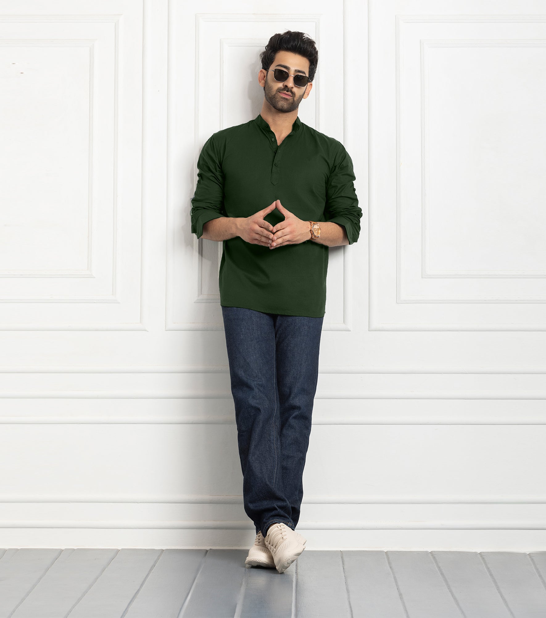 Cotton Mandarin Collar Short Kurta- Dark Green