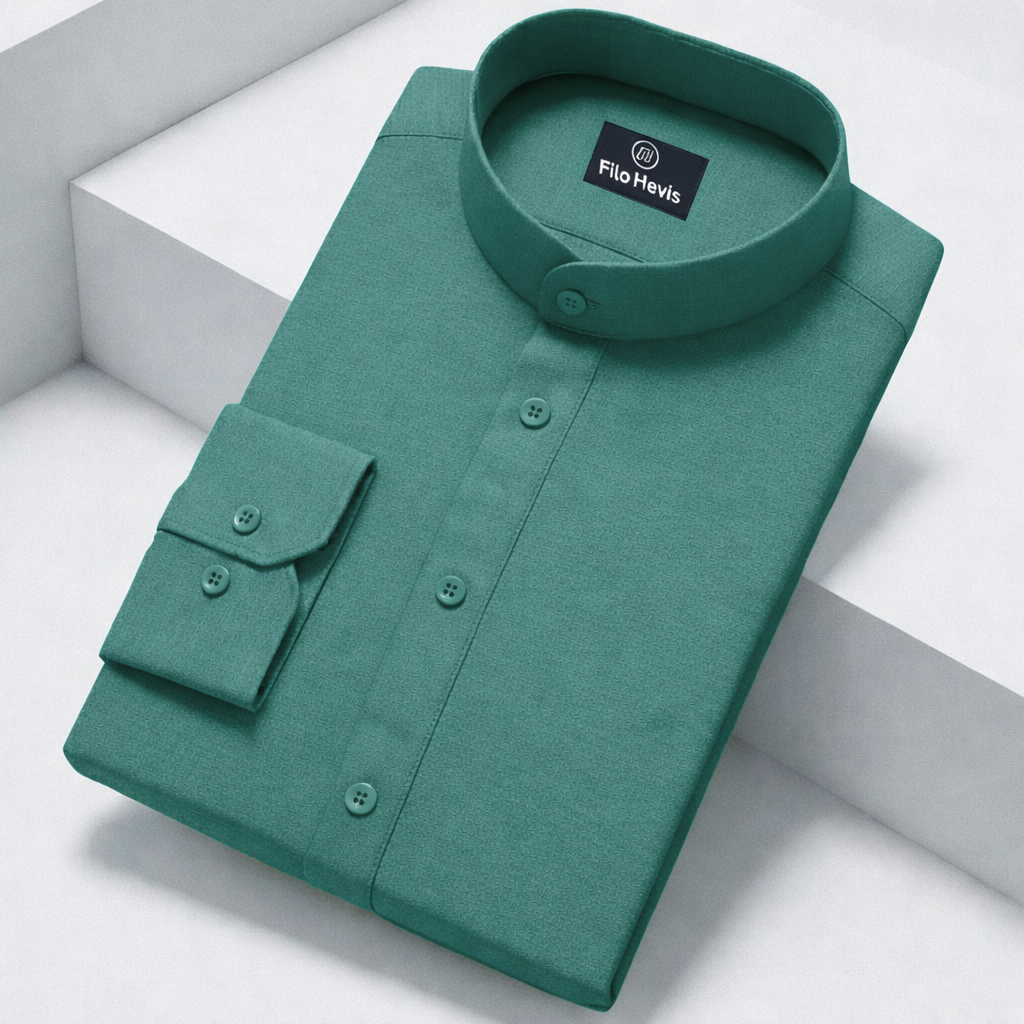 MEN’S CHINESE COLLAR SHIRT | FULL SLEEVE COTTON LINEN T-NECK SHIRT | Turquoise green COLOR
