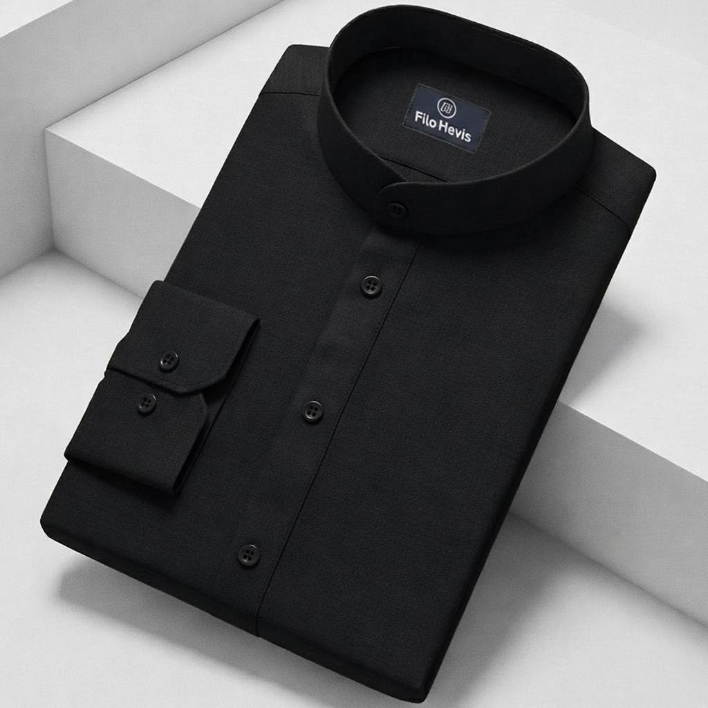 MEN’S CHINESE COLLAR SHIRT | FULL SLEEVE COTTON LINEN T-NECK SHIRT | BLACK COLOR