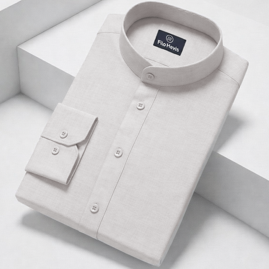 MEN’S CHINESE COLLAR SHIRT | FULL SLEEVE COTTON LINEN T-NECK SHIRT | LIGHT GREY COLOR