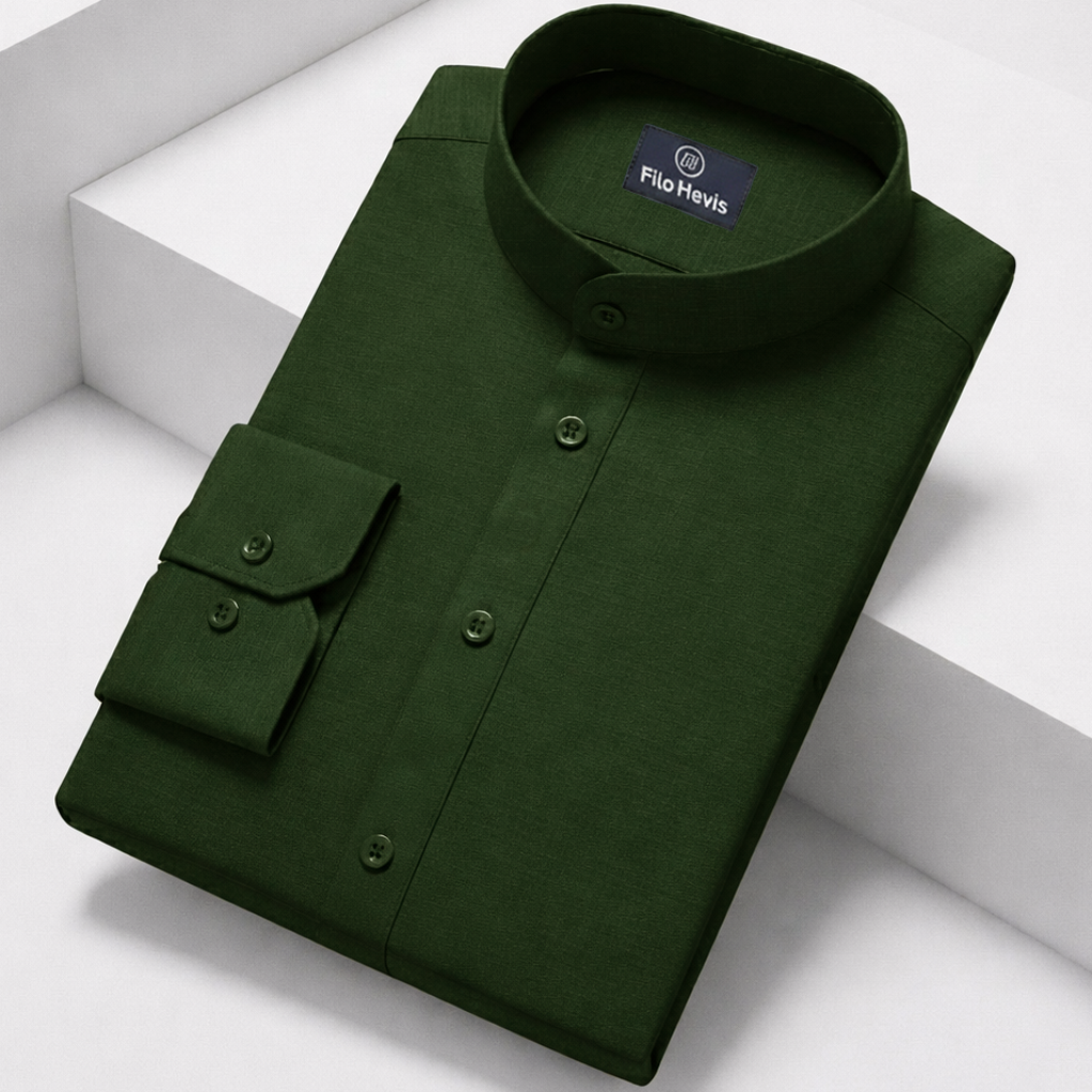 MEN’S CHINESE COLLAR SHIRT | FULL SLEEVE COTTON LINEN T-NECK SHIRT | DARK GREEN COLOR