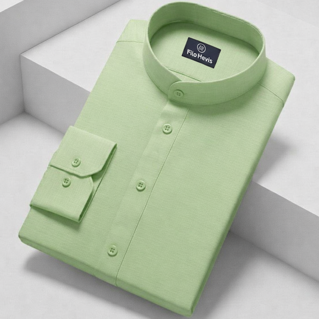 MEN’S CHINESE COLLAR SHIRT | FULL SLEEVE COTTON LINEN T-NECK SHIRT | LIGHT GREEN COLOR