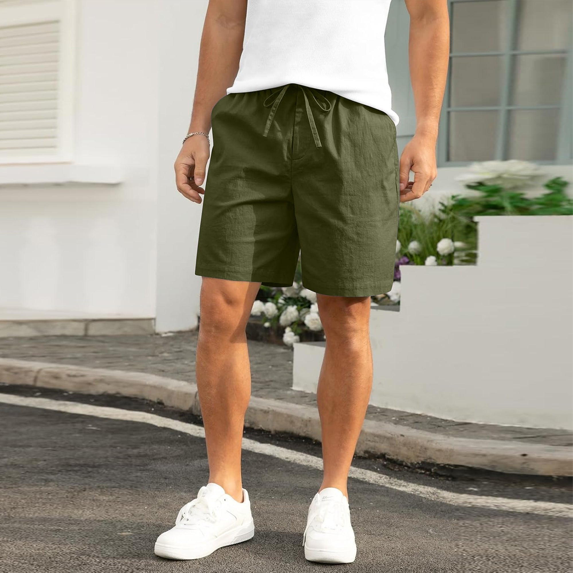 Mens Cotton Linen Shorts Casual Drawstring 8.5 inch Inseam Shorts Stretch Summer-Olive Green