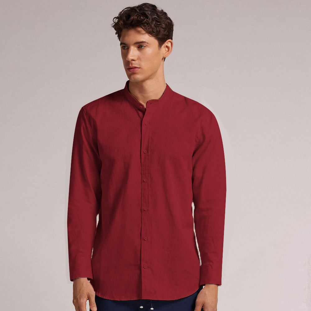 MEN’S CHINESE COLLAR SHIRT | FULL SLEEVE COTTON LINEN T-NECK SHIRT | RED COLOR