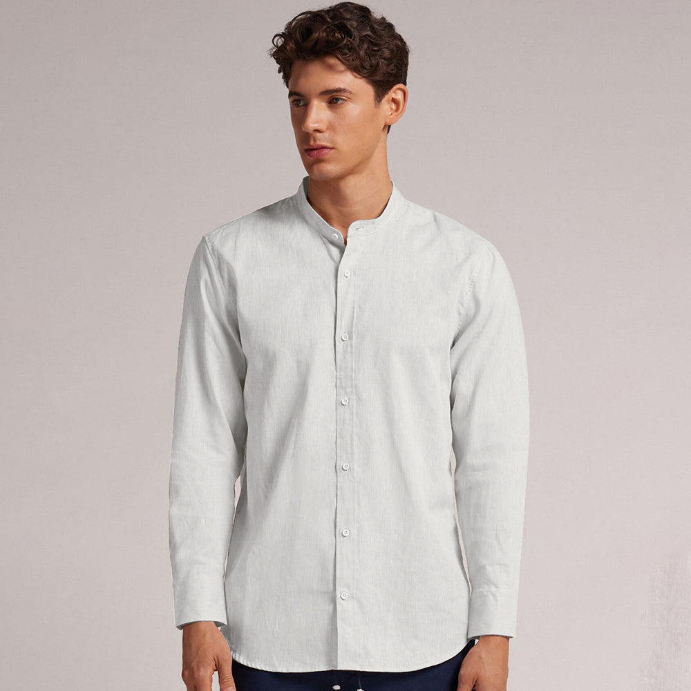 MEN’S CHINESE COLLAR SHIRT | FULL SLEEVE COTTON LINEN T-NECK SHIRT | WHITE COLOR