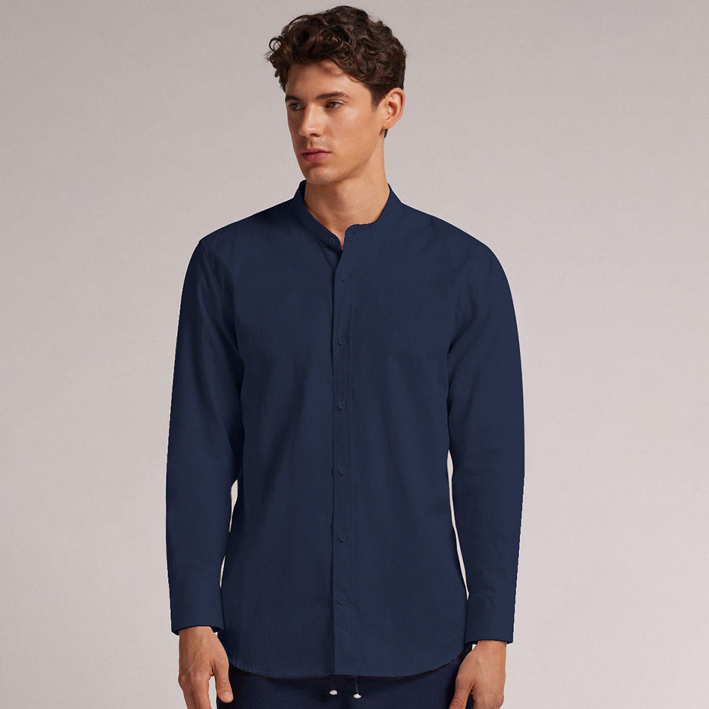 MEN’S CHINESE COLLAR SHIRT | FULL SLEEVE COTTON LINEN T-NECK SHIRT | NAVY BLUE COLOR