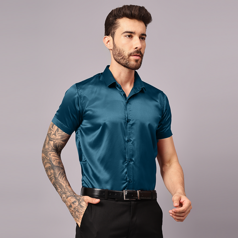 Men’s Satin Half Sleeve Formal Shirt – Premium Soft & Shiny Finish-Teal-Blue