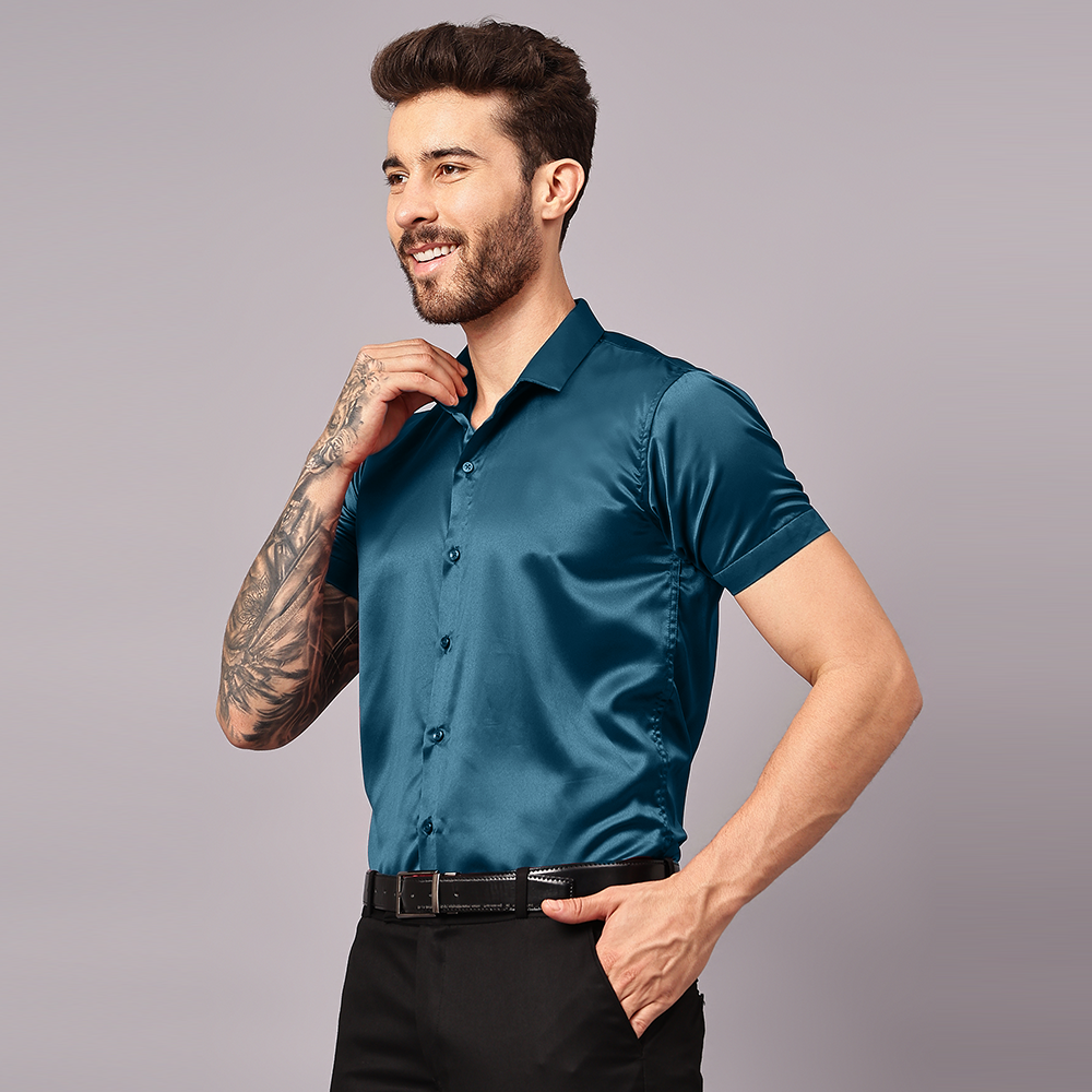 Men’s Satin Half Sleeve Formal Shirt – Premium Soft & Shiny Finish-Teal-Blue