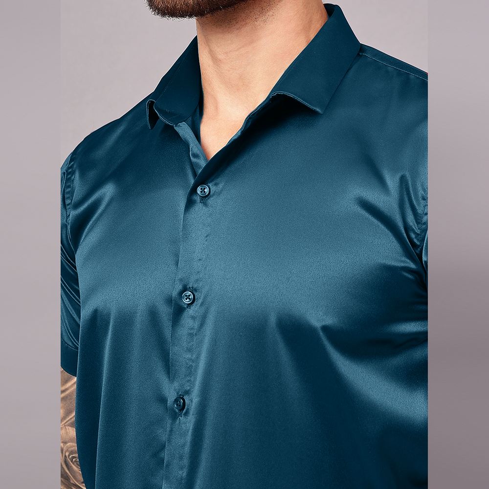 Men’s Satin Half Sleeve Formal Shirt – Premium Soft & Shiny Finish-Teal-Blue