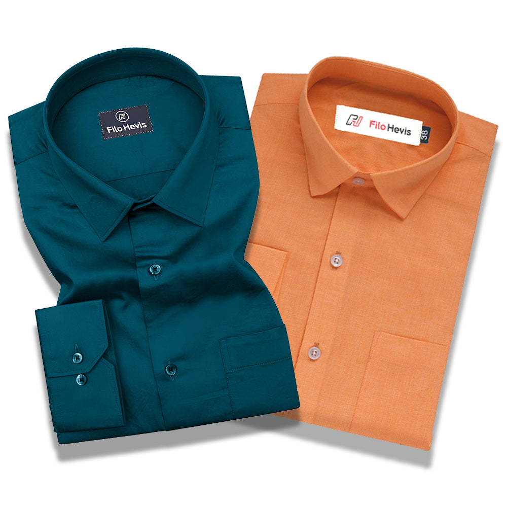 Cotton Satin Teal Blue & Filafil Orange- Classic Pocket Shirt Combo (Set of 2)