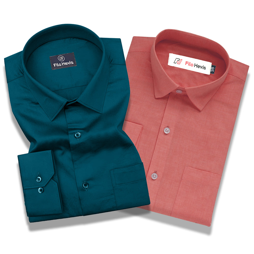 Cotton Satin Teal Blue & Filafil Peach- Classic Pocket Shirt Combo (Set of 2)