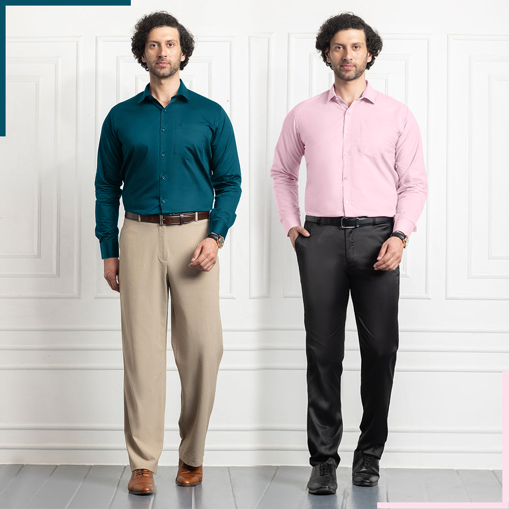 Cotton Satin Teal Blue & Filafil Light Pink- Classic Pocket Shirt Combo (Set of 2)