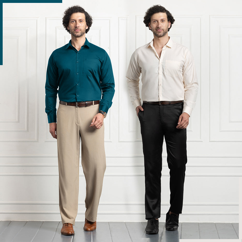 Cotton Satin Teal Blue & Filafil Cream- Classic Pocket Shirt Combo (Set of 2)