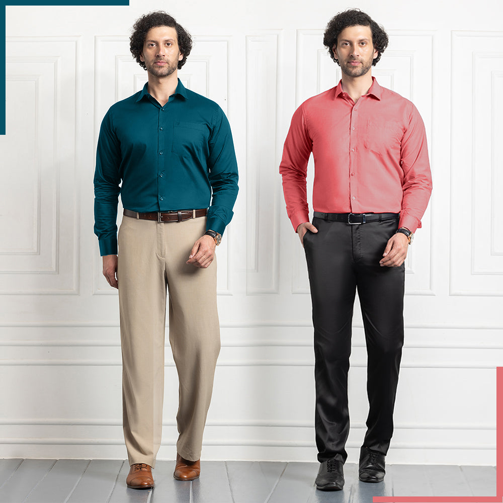 Cotton Satin Teal Blue & Filafil Peach- Classic Pocket Shirt Combo (Set of 2)