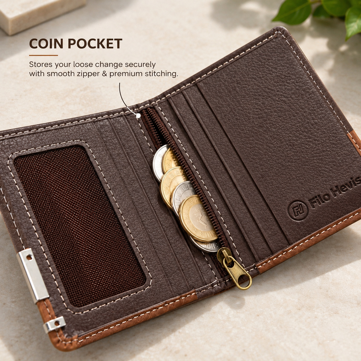 Wallet for Men | Textured Bifold Wallet with Zipper Coin Pocket & Card Slots | Brown-Tan