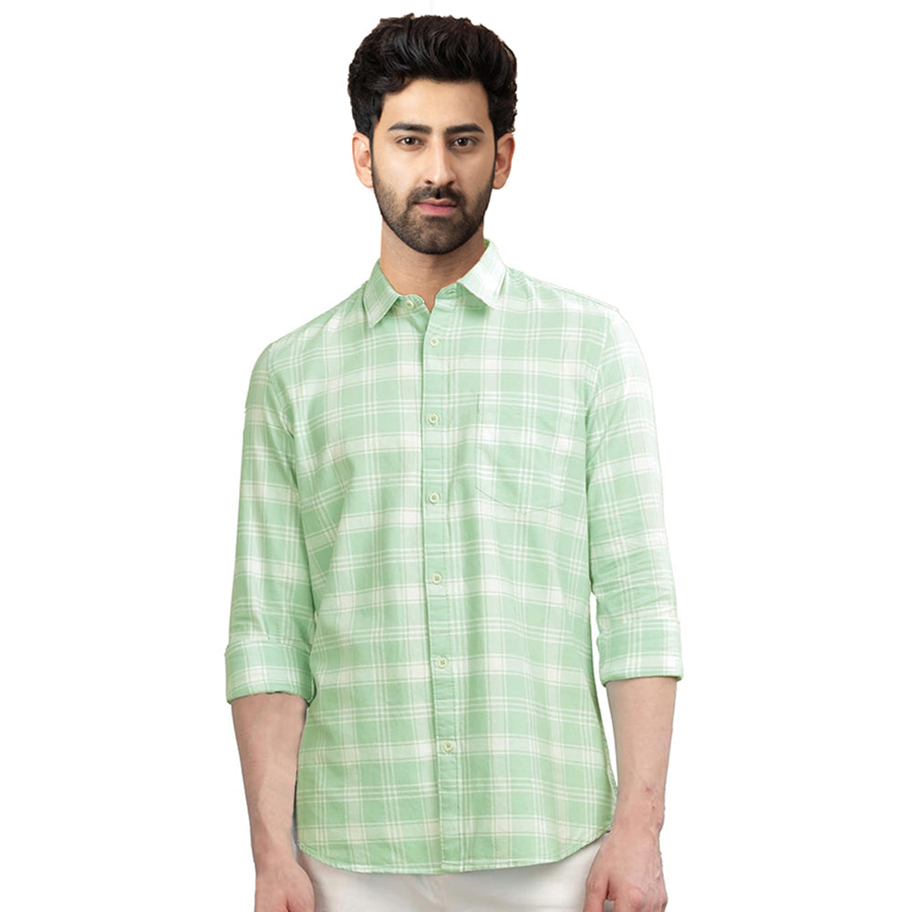 Check Regular Fit Cotton Shirt - Light Green