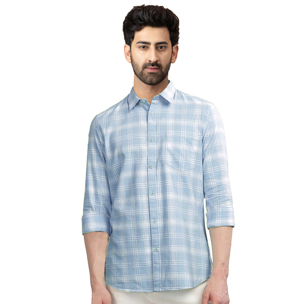Check Regular Fit Cotton Shirt - Sky