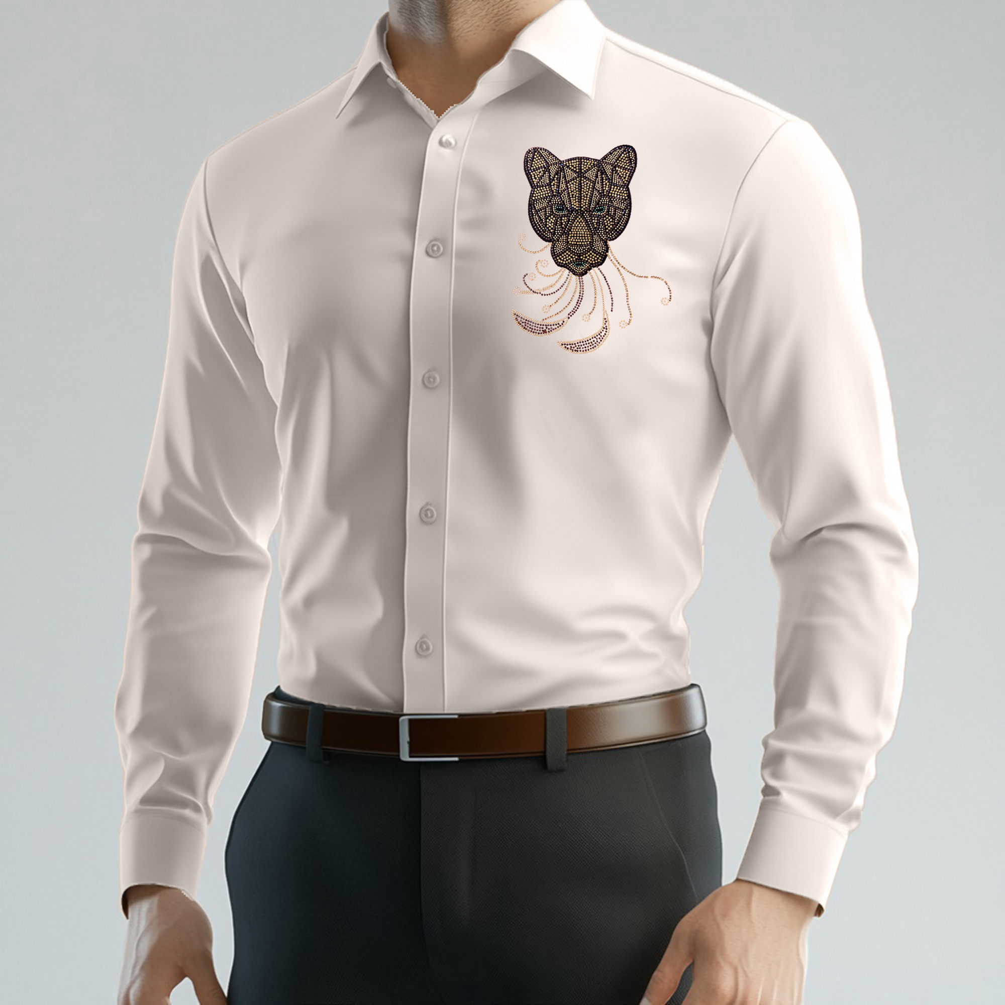 PARTY SHIRTS FOR MEN | PREMIUM SHIRTS | CLUB SHIRTS Tiger Embroidery-BEIGE