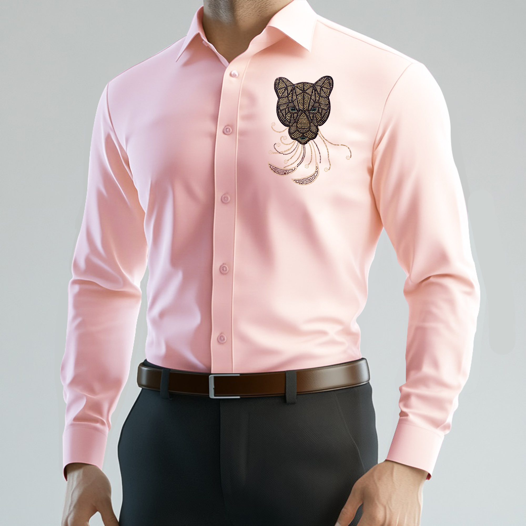 PARTY SHIRTS FOR MEN | PREMIUM SHIRTS | CLUB SHIRTS Tiger Embroidery-LIGHT PINK