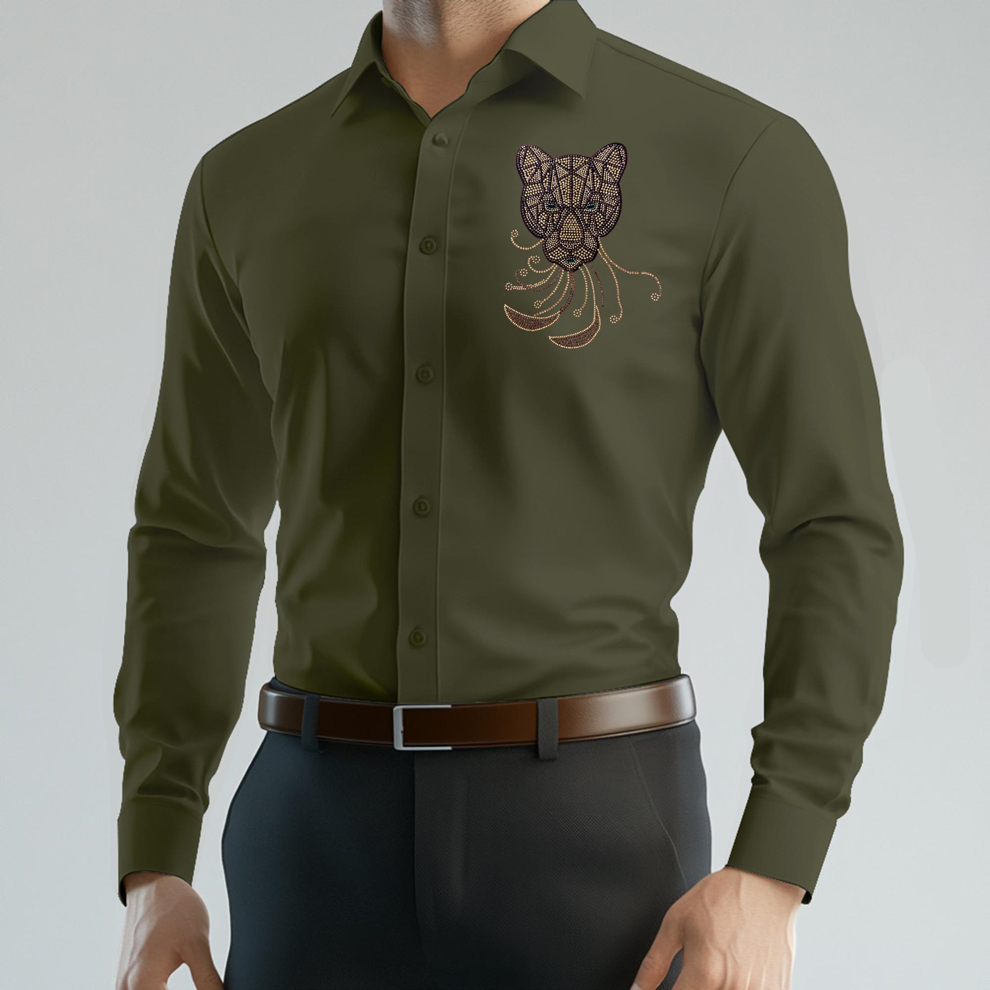 PARTY SHIRTS FOR MEN | PREMIUM SHIRTS | CLUB SHIRTS Tiger Embroidery-MEHNDI GREEN