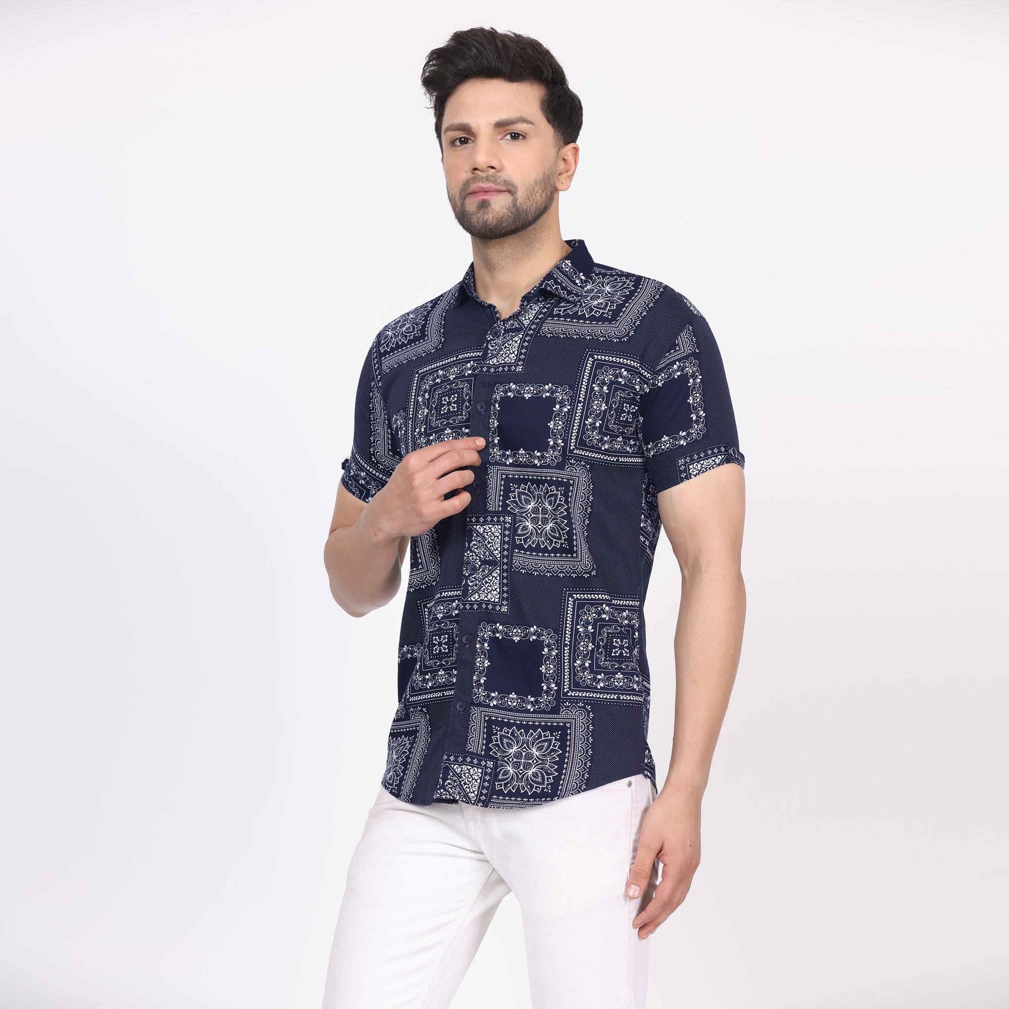 Men's Regular Fit Half Sleeve Printed Shirt-Navy Blue