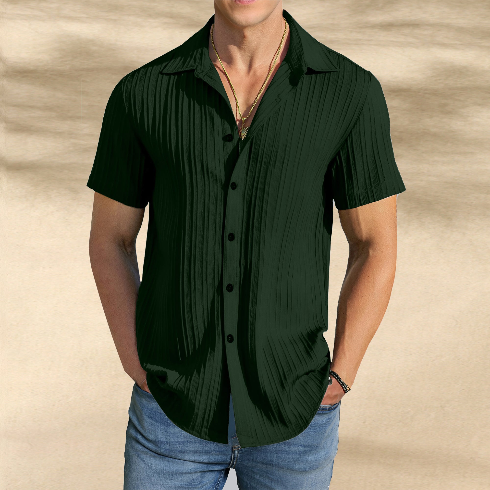 Men’s Textured Popcorn Half Sleeve Casual Shirt – Mehandi Olive