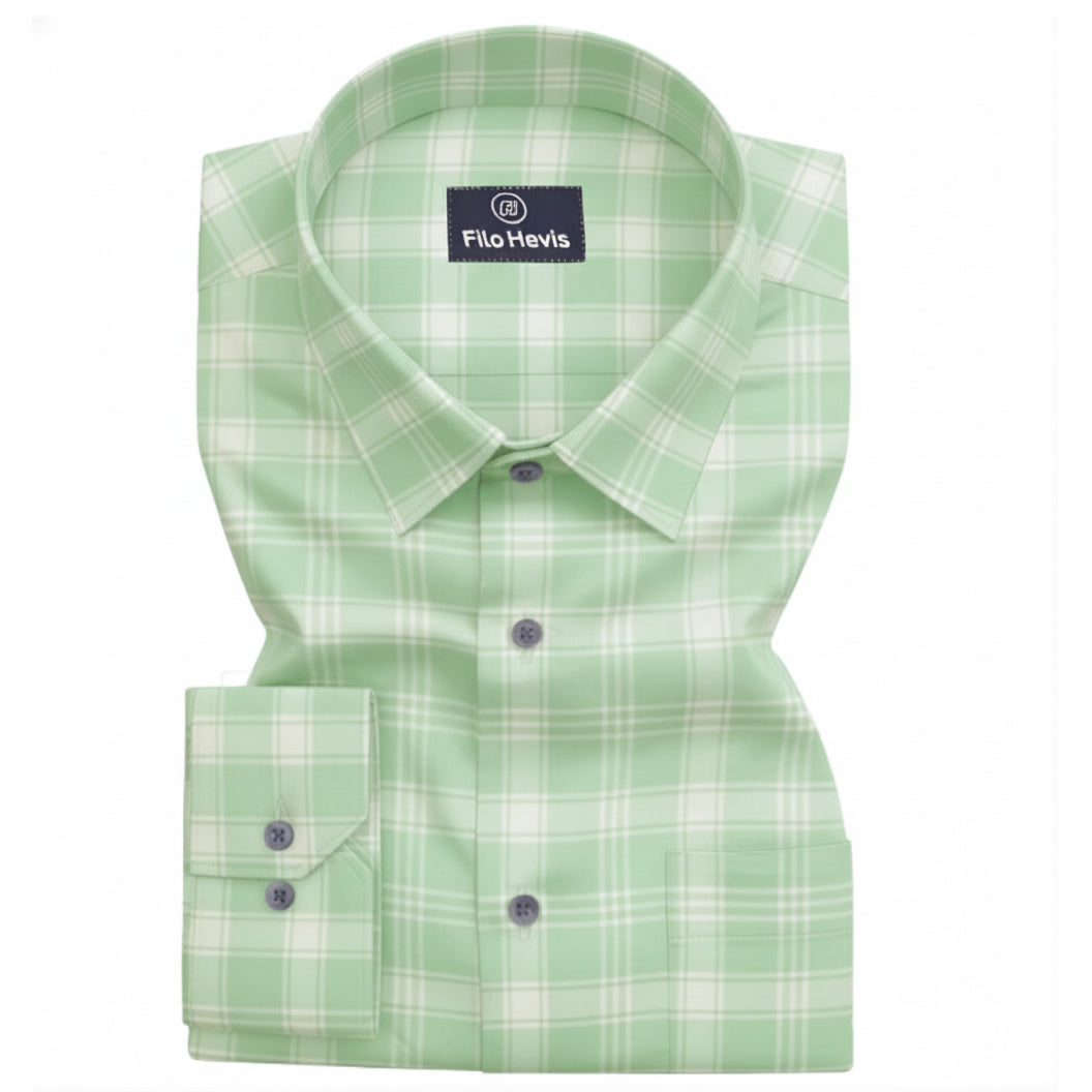 FORMAL COTTON CHECK SHIRTS FOR MEN - Light Green Plaid (Long Sleeve)