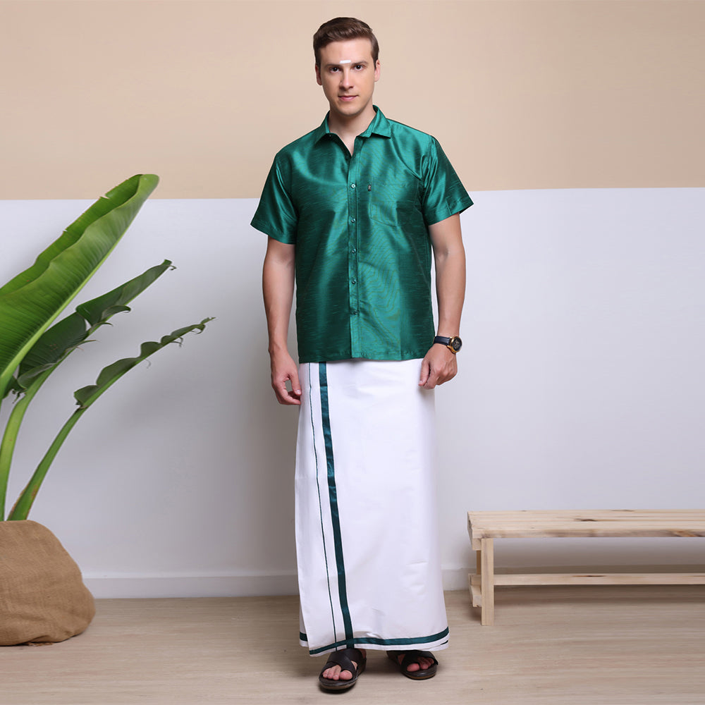 Men's Ethnic Wear Silk Shirt (Dark Green)
